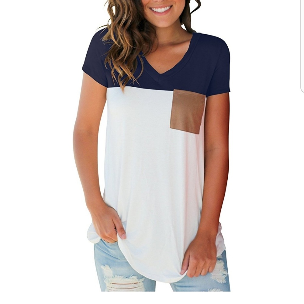 Women's Basic V Neck T Shirt with Suede Pocket 